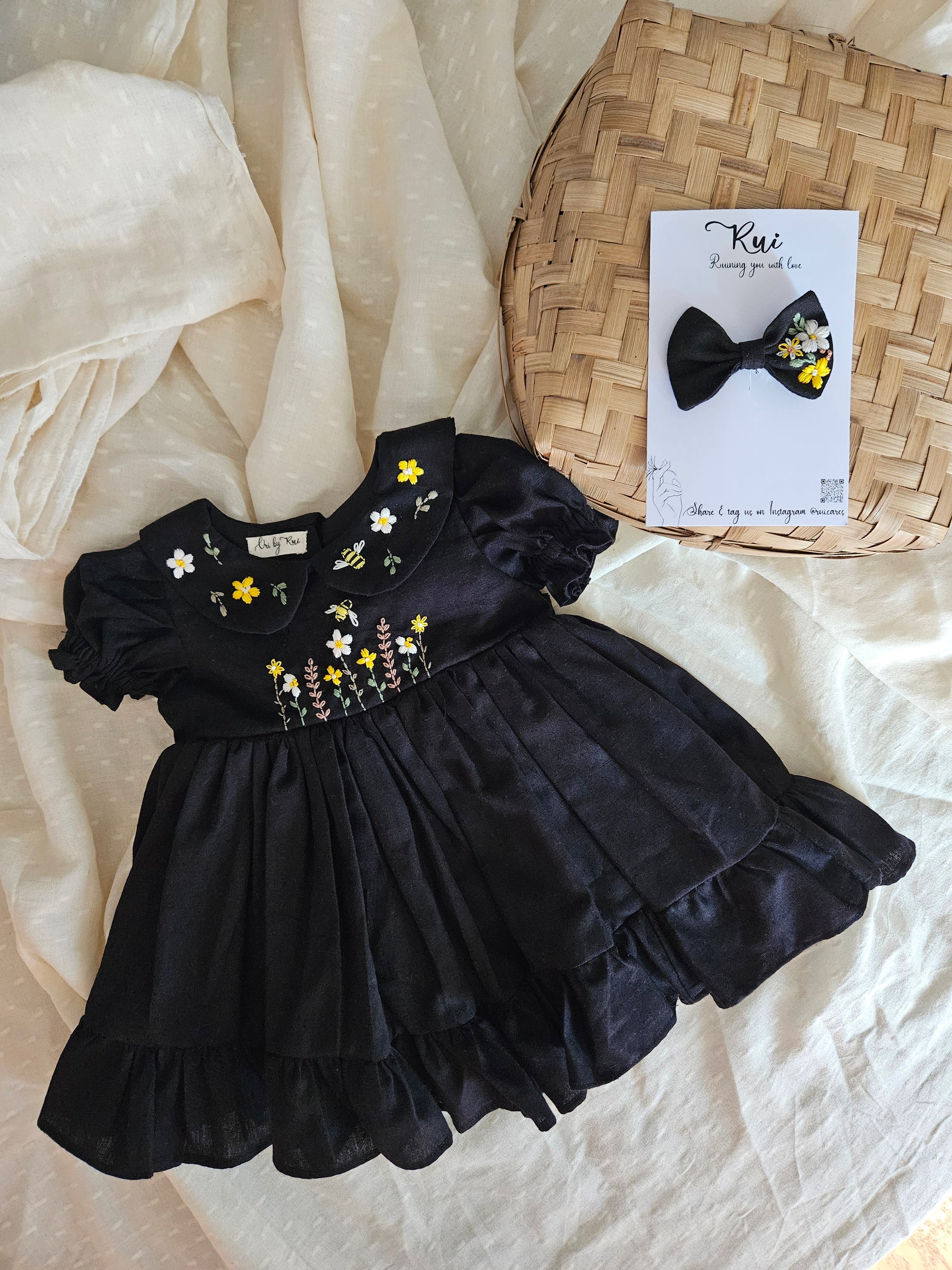 Bee Dress: Hand Embroidered Knee Length Black Dress In Moss Cotton Fabric With Bowclip