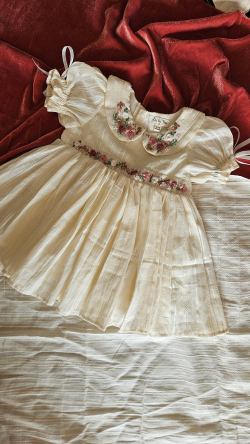 Angel In Heaven: Hand Embroidered Knee Length Off-white Dress In Cotton Jacquard Fabric