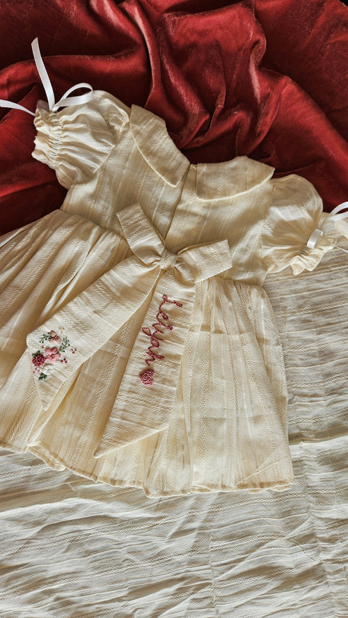 Angel In Heaven: Hand Embroidered Knee Length Off-white Dress In Cotton Jacquard Fabric