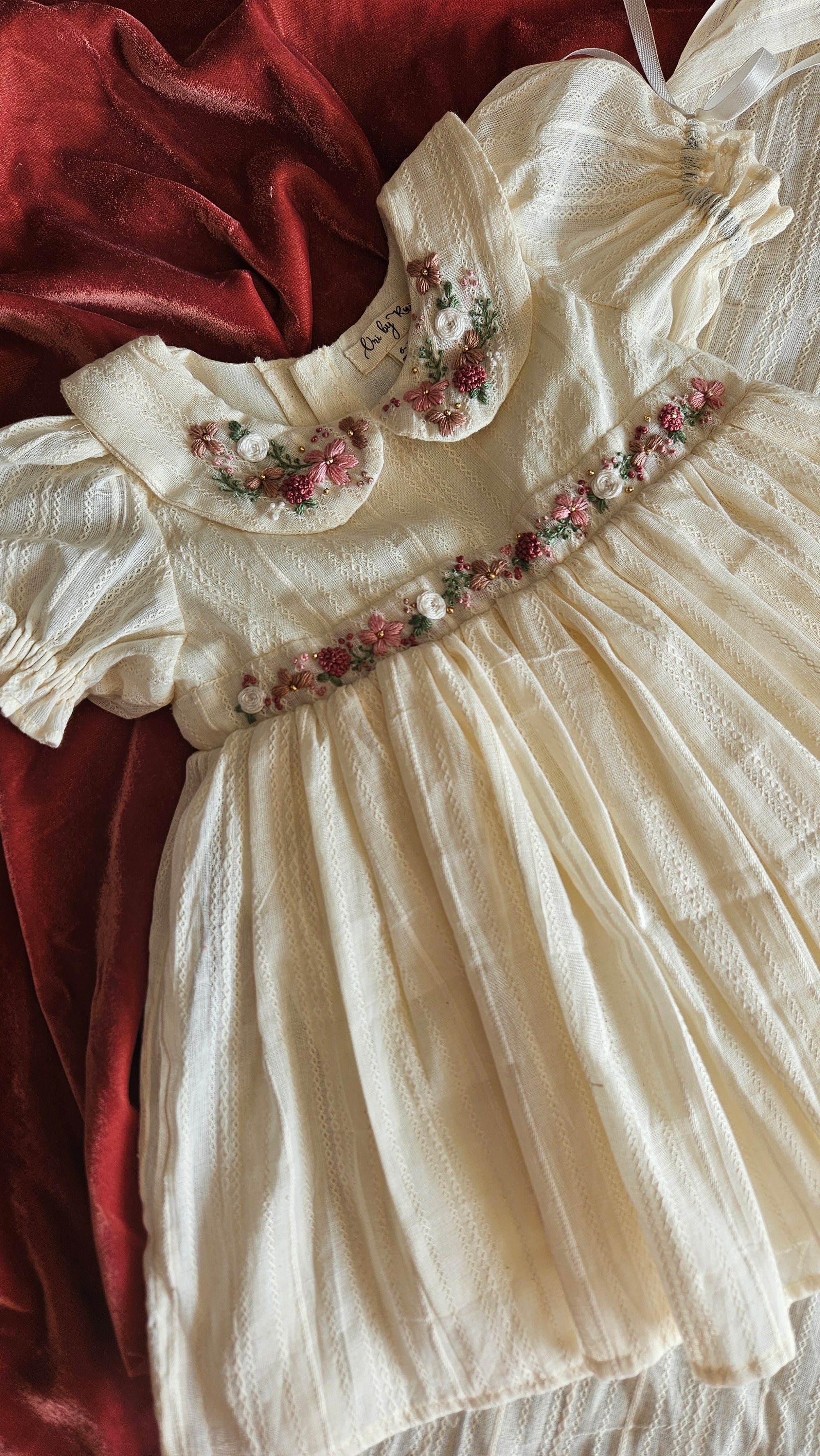 Angel In Heaven: Hand Embroidered Knee Length Off-white Dress In Cotton Jacquard Fabric