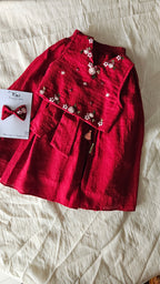 Ruby Garden: Hand Embroidered Ruby Red Full Length Skirt Top Set In Moss Cotton Fabric With Bowclip