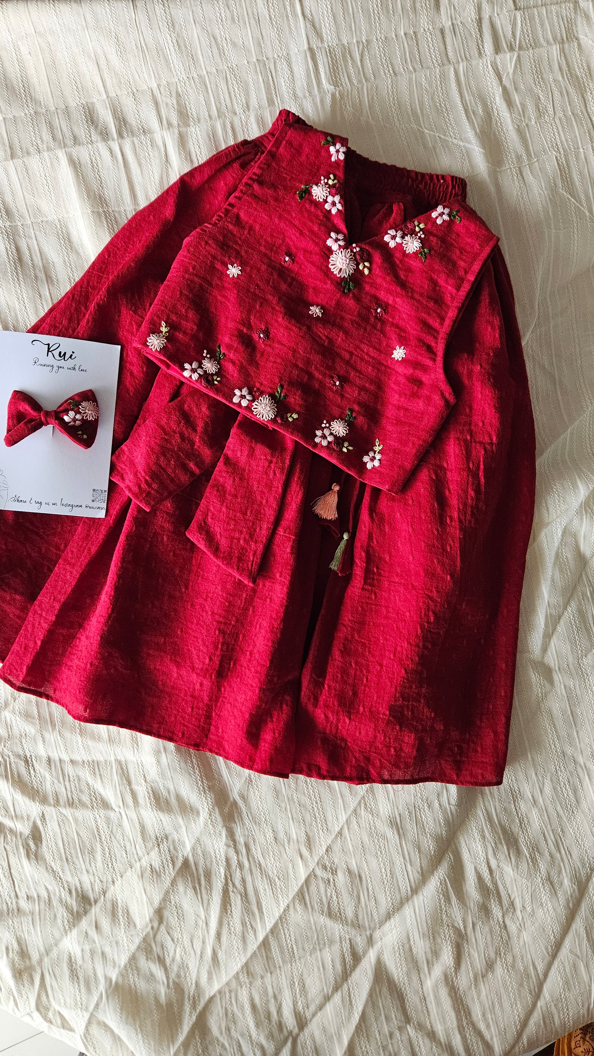 Ruby Garden: Hand Embroidered Ruby Red Full Length Skirt Top Set In Moss Cotton Fabric With Bowclip