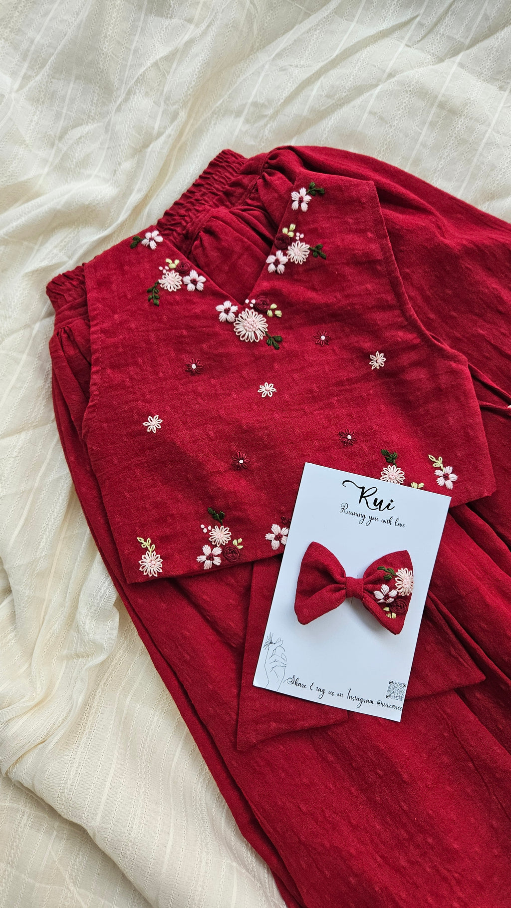 Ruby Garden: Hand Embroidered Ruby Red Full Length Skirt Top Set In Moss Cotton Fabric With Bowclip