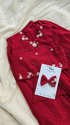 Ruby Garden: Hand Embroidered Ruby Red Full Length Skirt Top Set In Moss Cotton Fabric With Bowclip