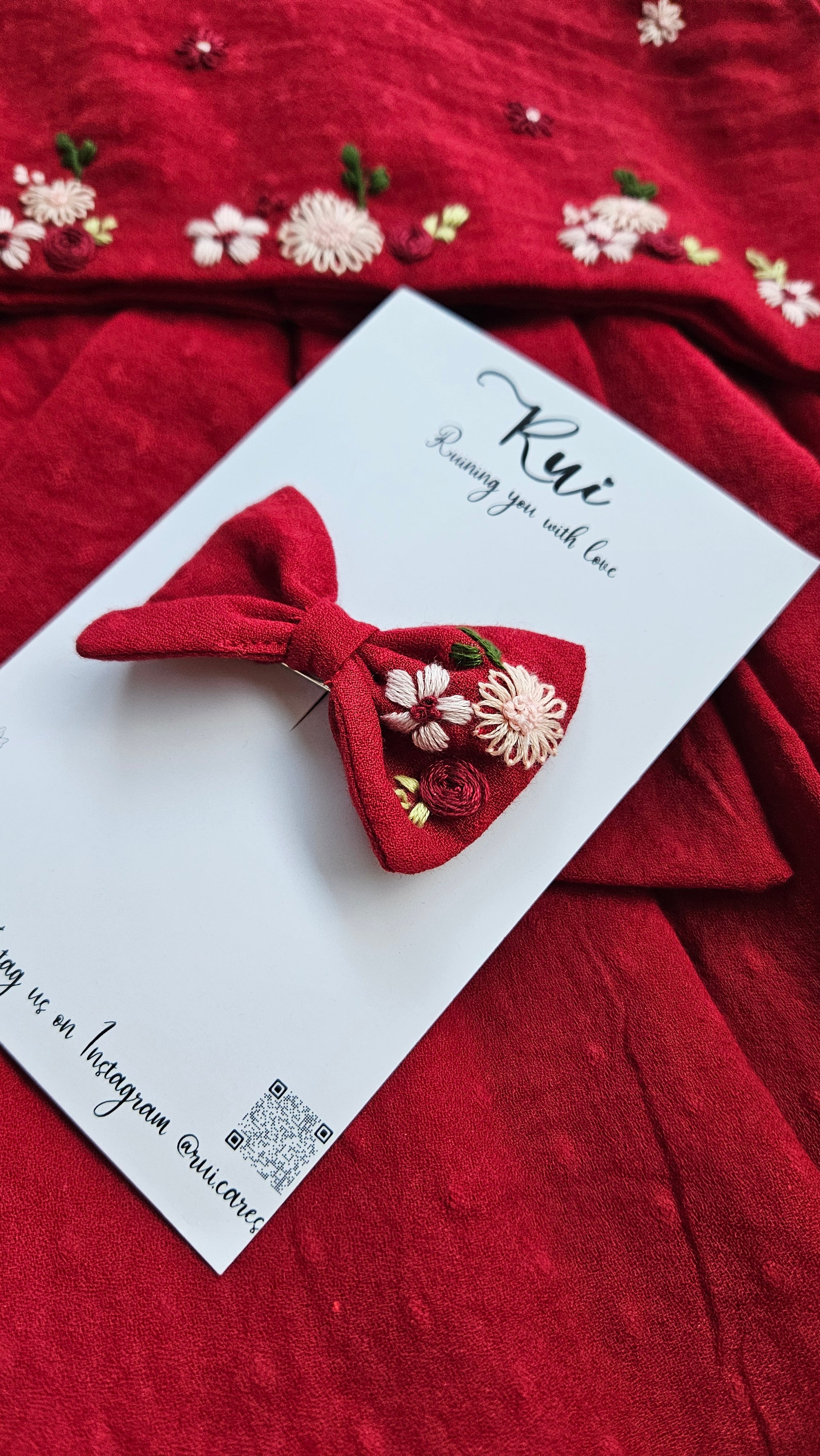 Ruby Garden: Hand Embroidered Ruby Red Full Length Skirt Top Set In Moss Cotton Fabric With Bowclip