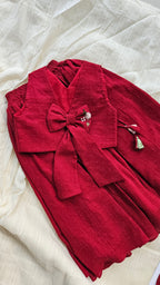 Ruby Garden: Hand Embroidered Ruby Red Full Length Skirt Top Set In Moss Cotton Fabric With Bowclip