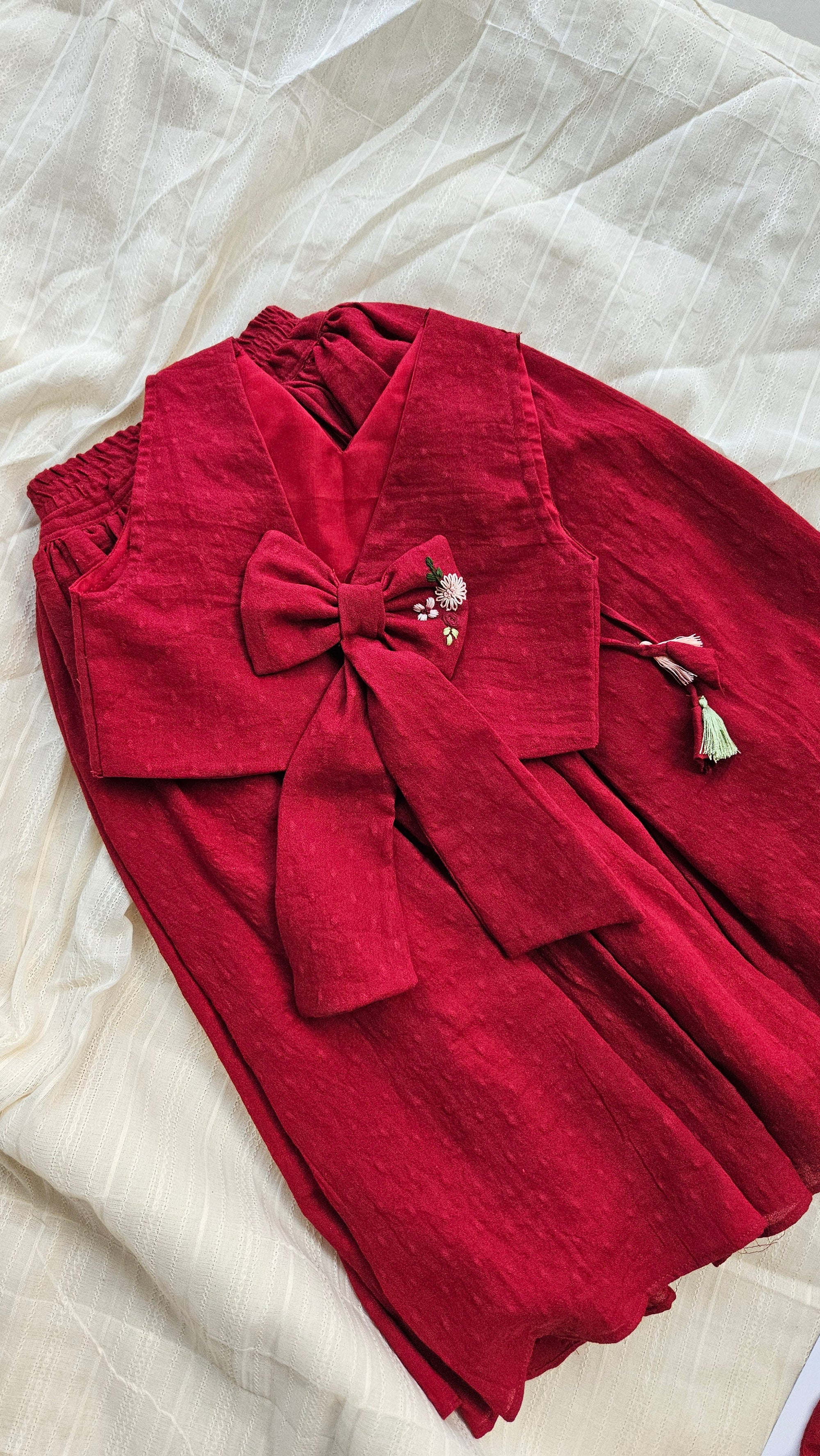 Ruby Garden: Hand Embroidered Ruby Red Full Length Skirt Top Set In Moss Cotton Fabric With Bowclip