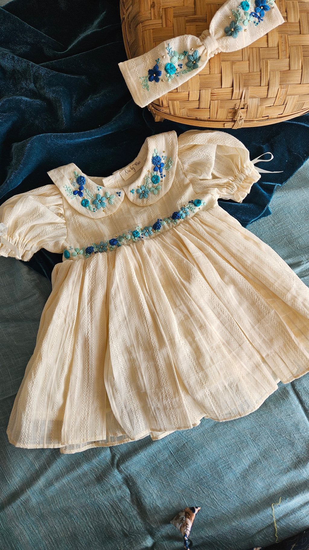 Oceano Angel Dress: Hand Embroidered Knee Length Off-white Dress In Cotton Jacquard Fabric With Headband