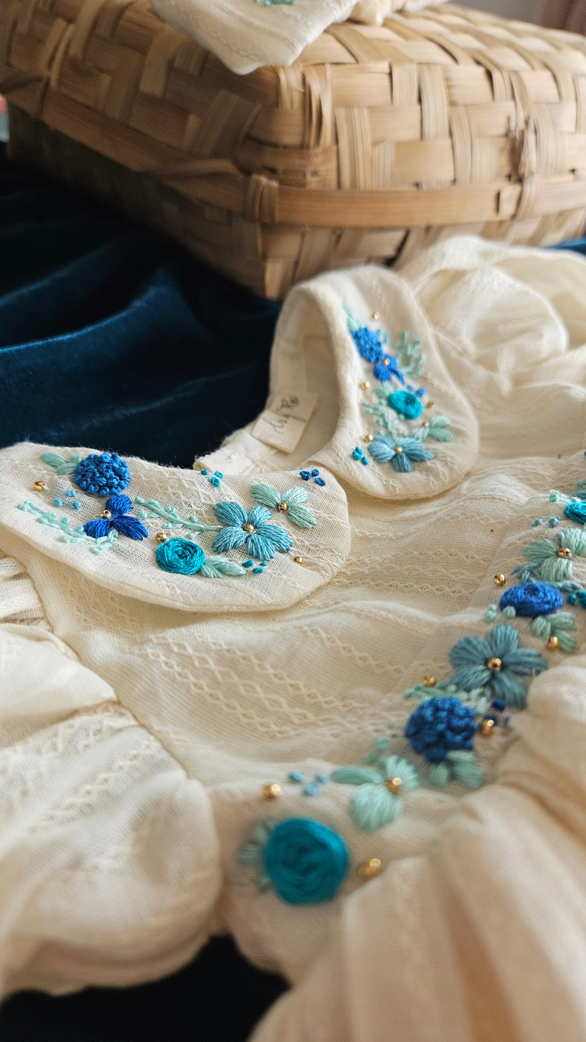 Oceano Angel Dress: Hand Embroidered Knee Length Off-white Dress In Cotton Jacquard Fabric With Headband