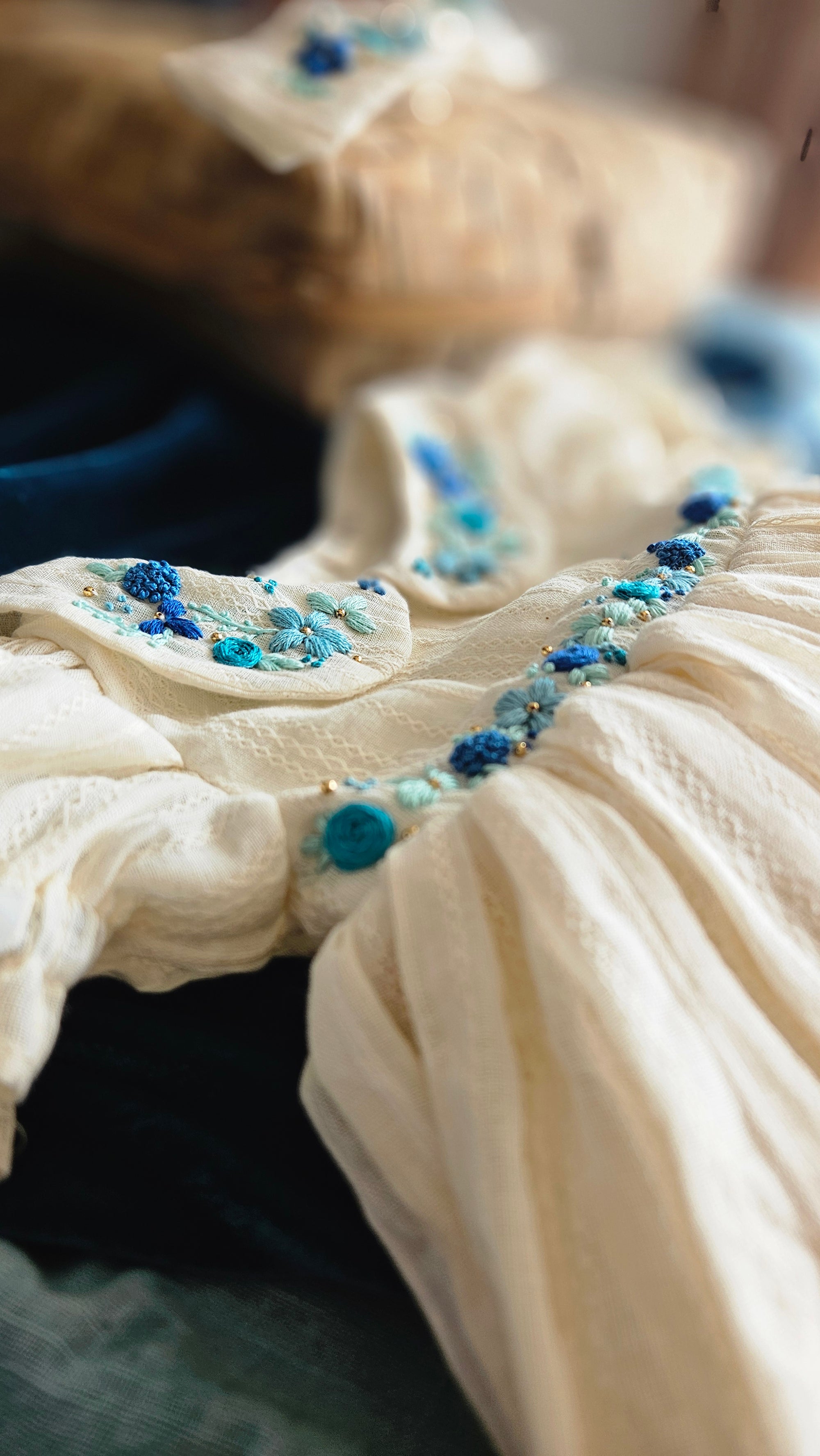 Oceano Angel Dress: Hand Embroidered Knee Length Off-white Dress In Cotton Jacquard Fabric With Headband