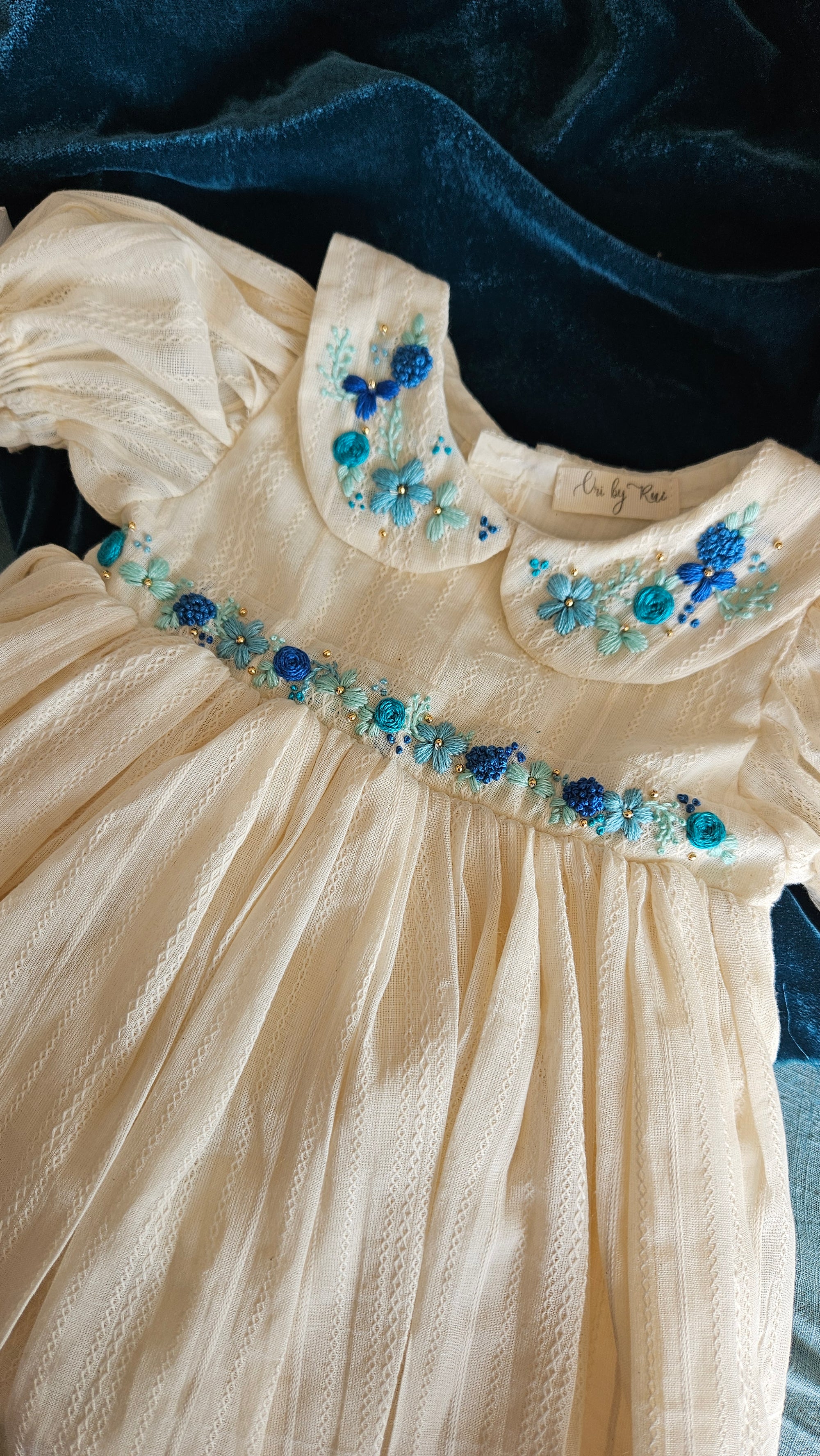 Oceano Angel Dress: Hand Embroidered Knee Length Off-white Dress In Cotton Jacquard Fabric With Headband