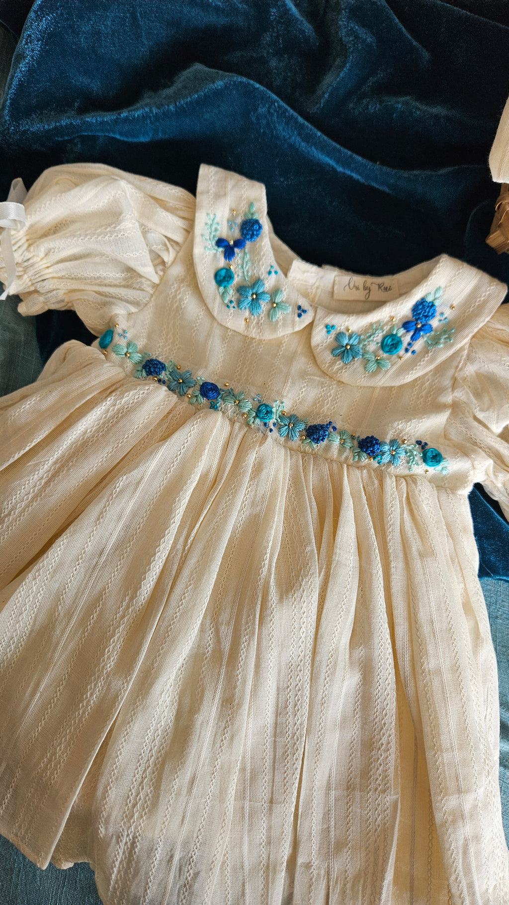 Oceano Angel Dress: Hand Embroidered Knee Length Off-white Dress In Cotton Jacquard Fabric With Headband