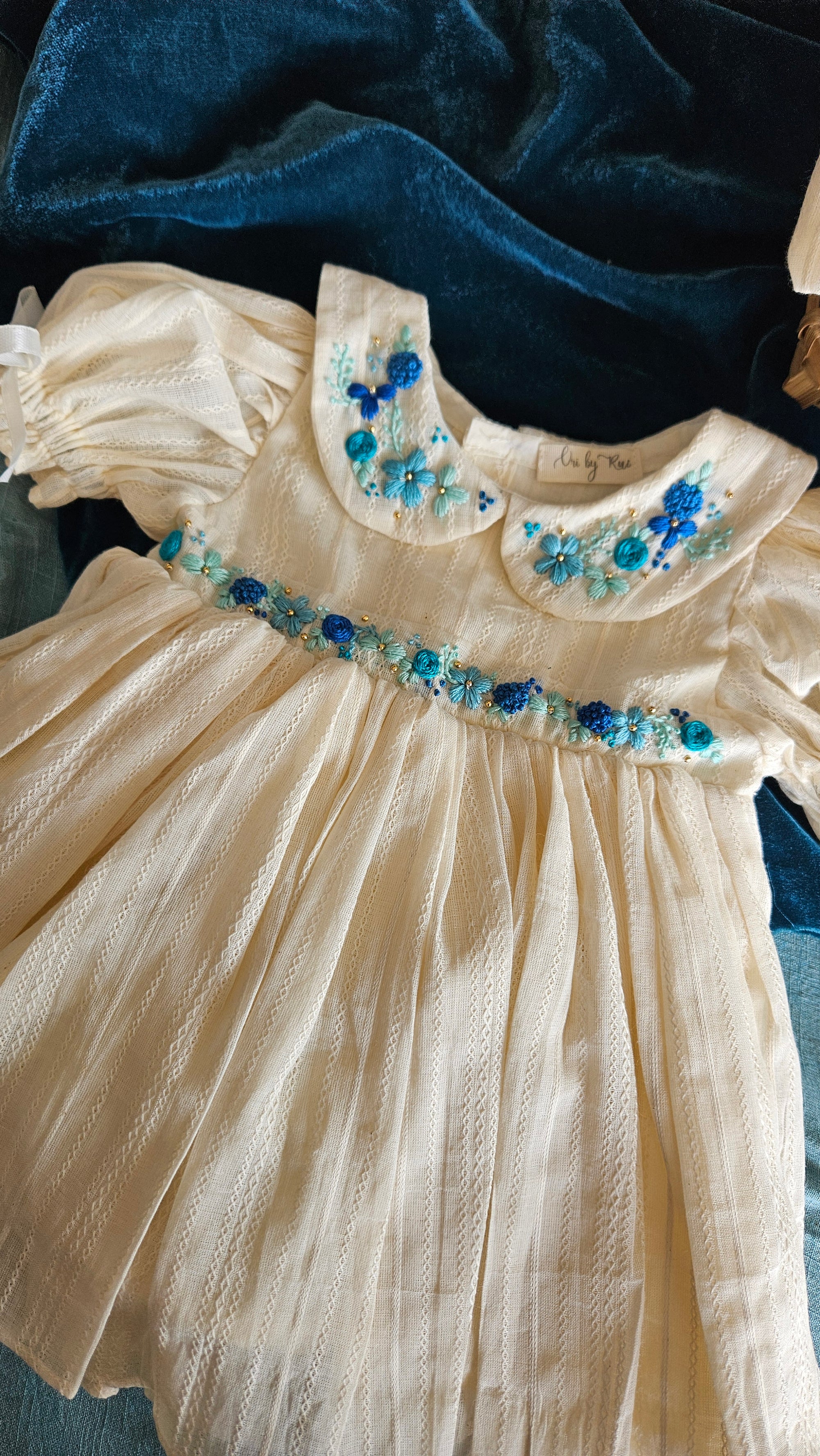 Oceano Angel Dress: Hand Embroidered Knee Length Off-white Dress In Cotton Jacquard Fabric With Headband