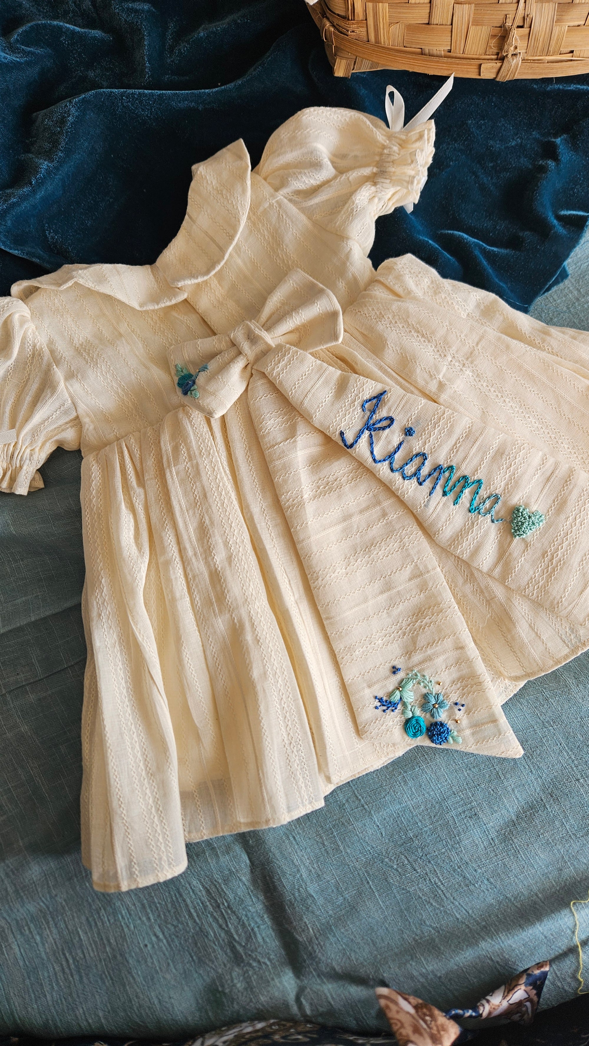 Oceano Angel Dress: Hand Embroidered Knee Length Off-white Dress In Cotton Jacquard Fabric With Headband
