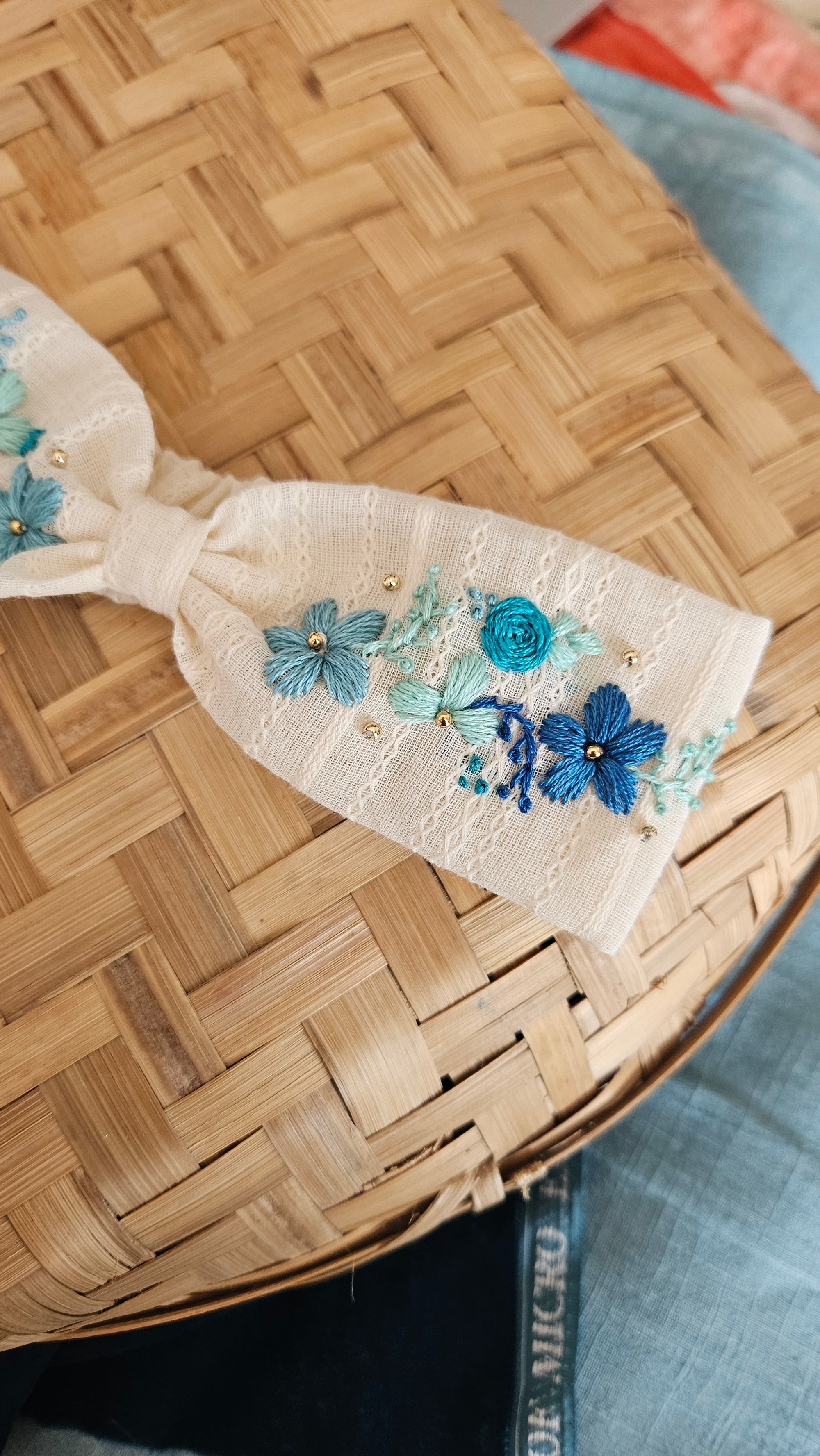 Oceano Angel Dress: Hand Embroidered Knee Length Off-white Dress In Cotton Jacquard Fabric With Headband