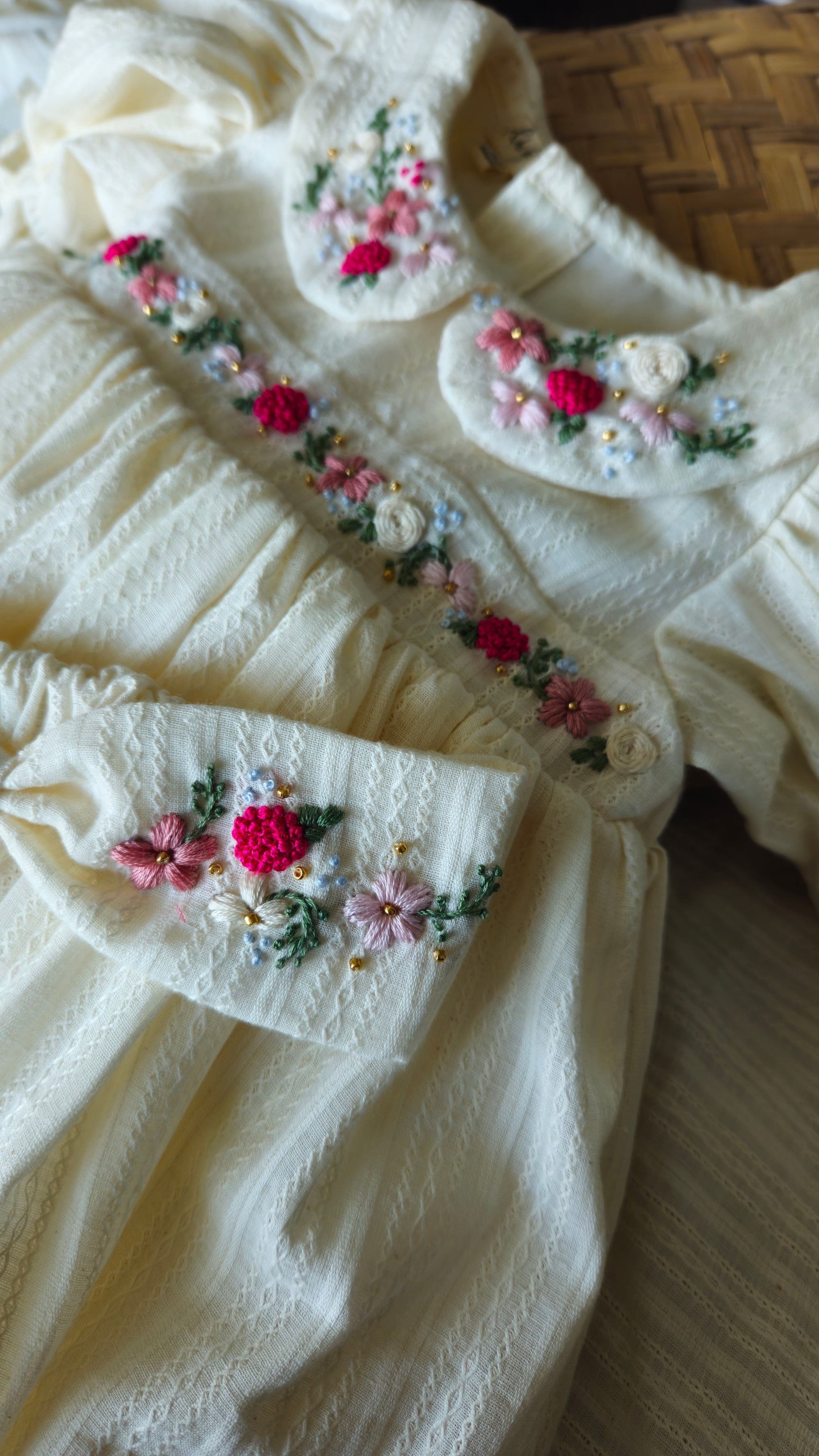 Pinko Pink: Hand Embroidered Knee Length Off-white Dress In Cotton Jacquard Fabric With Headband