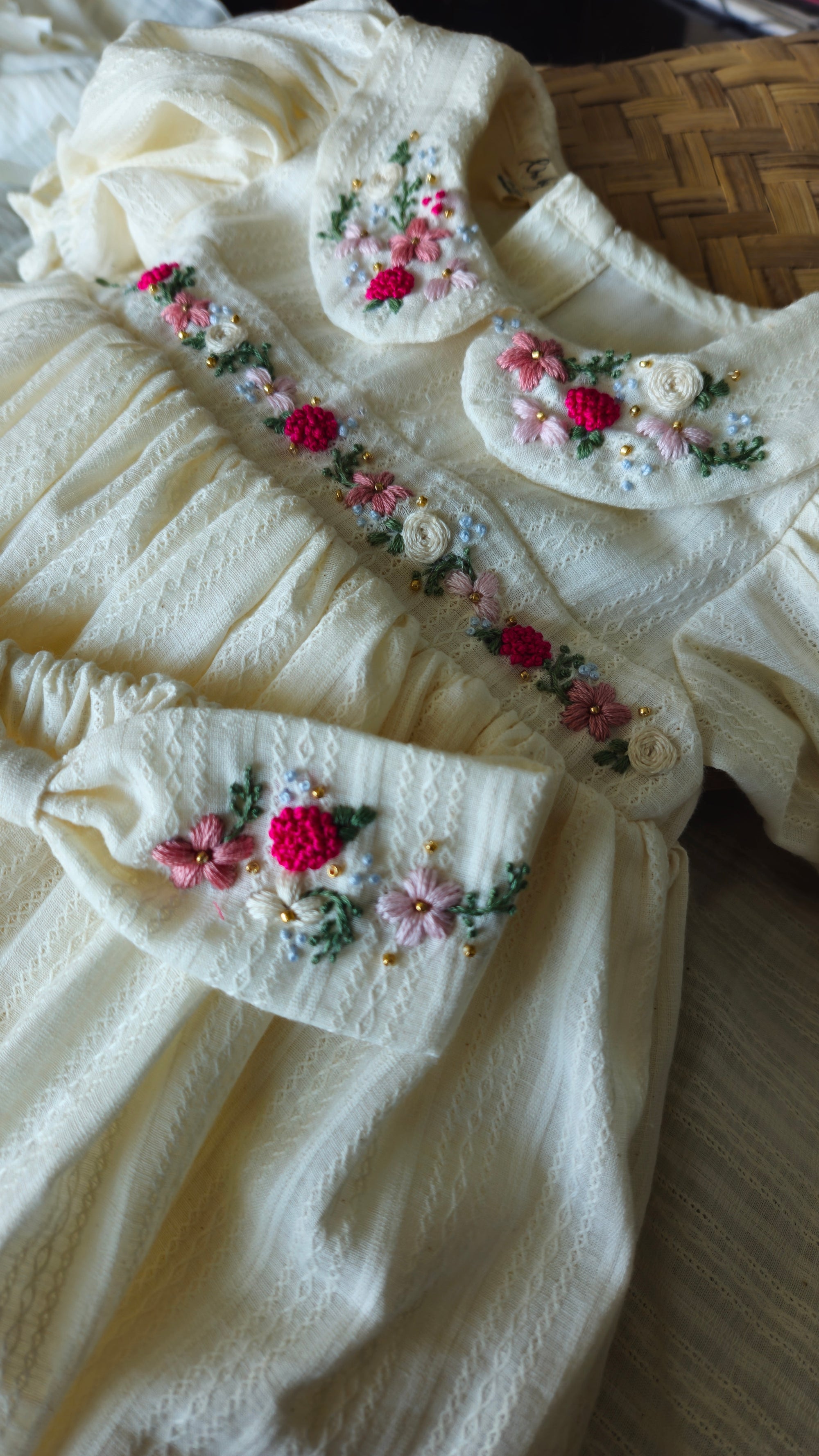Pinko Pink: Hand Embroidered Knee Length Off-white Dress In Cotton Jacquard Fabric With Headband
