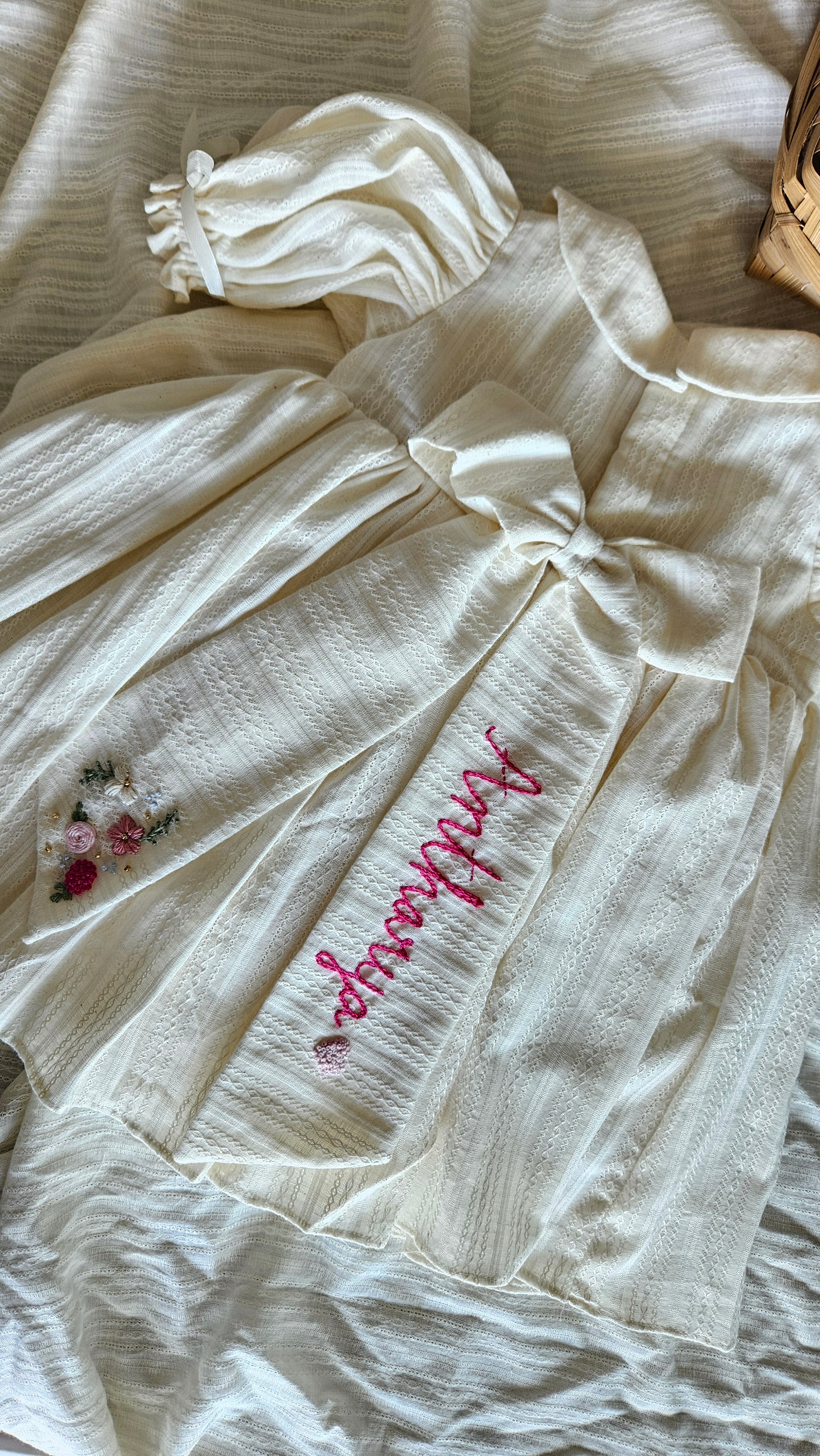 Pinko Pink: Hand Embroidered Knee Length Off-white Dress In Cotton Jacquard Fabric With Headband