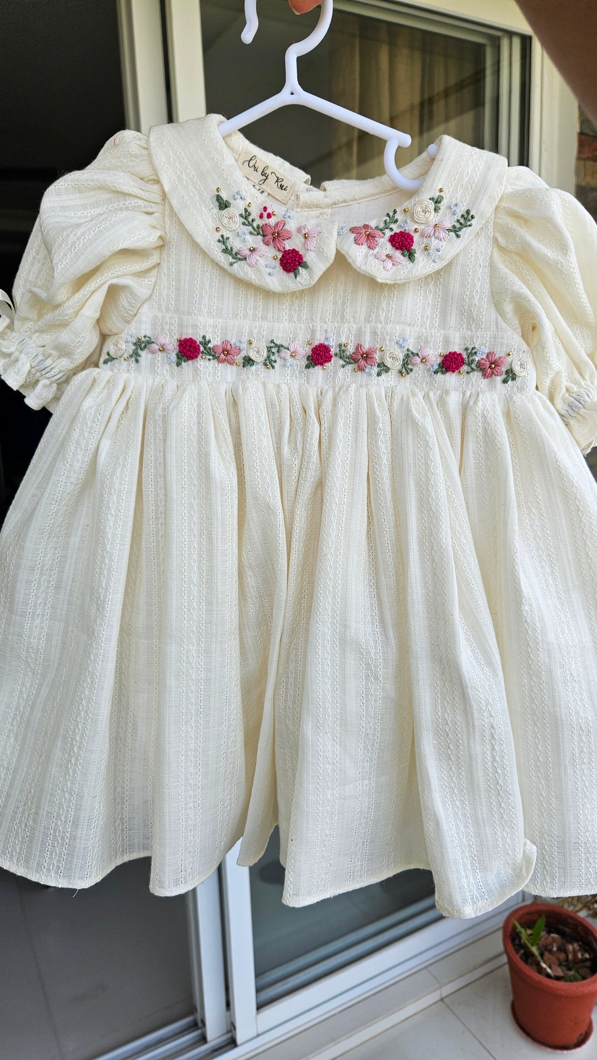 Pinko Pink: Hand Embroidered Knee Length Off-white Dress In Cotton Jacquard Fabric With Headband