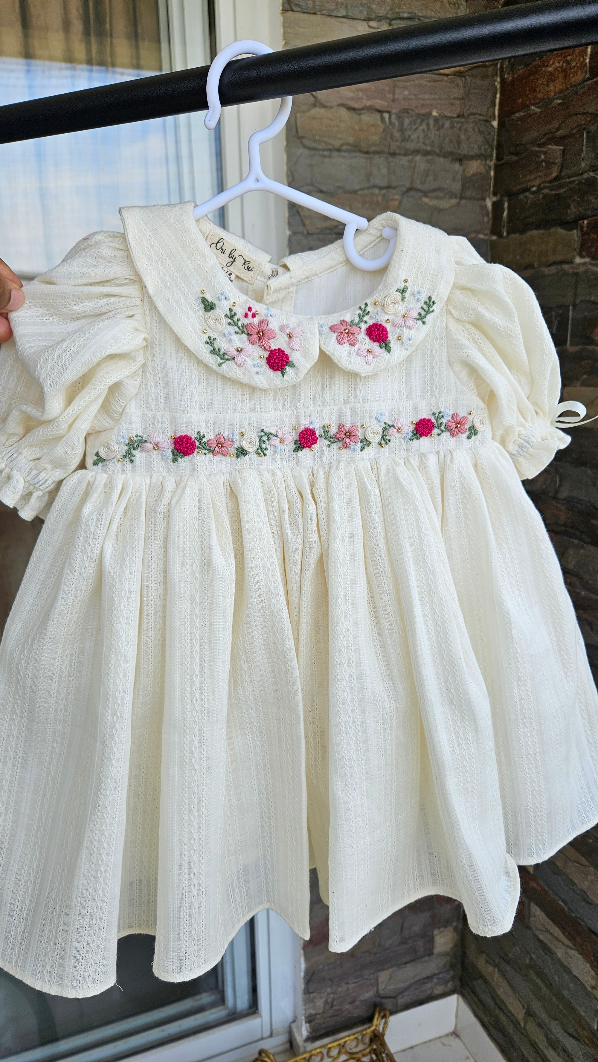 Pinko Pink: Hand Embroidered Knee Length Off-white Dress In Cotton Jacquard Fabric With Headband