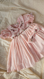 Peachy Peep: Hand Embroidered Knee Length Off-peach Dress In Cotton Jacquard Fabric With Headband