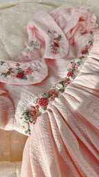 Peachy Peep: Hand Embroidered Knee Length Off-peach Dress In Cotton Jacquard Fabric With Headband