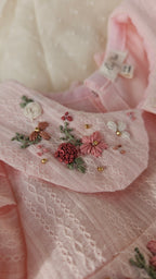 Peachy Peep: Hand Embroidered Knee Length Off-peach Dress In Cotton Jacquard Fabric With Headband