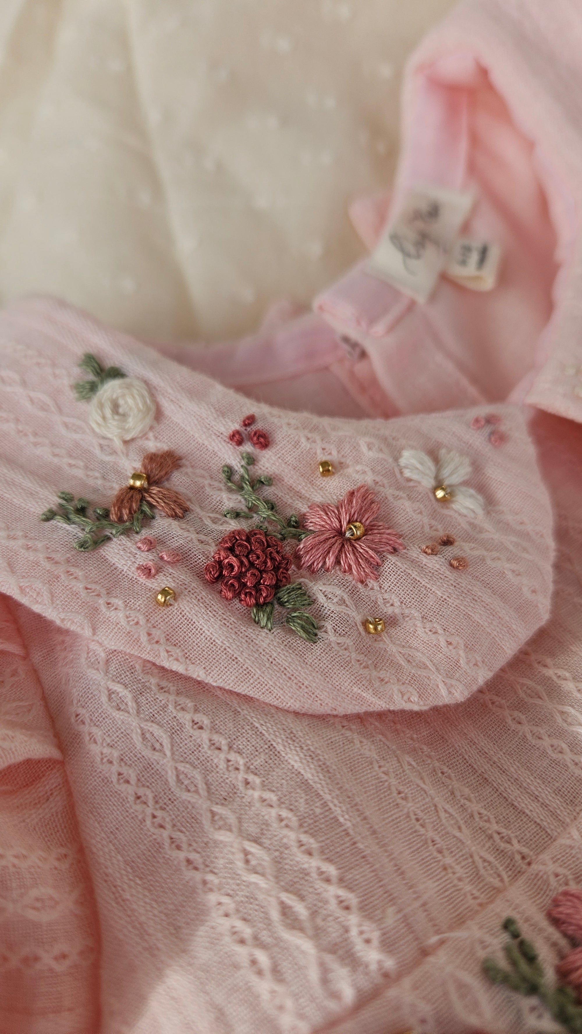 Peachy Peep: Hand Embroidered Knee Length Off-peach Dress In Cotton Jacquard Fabric With Headband
