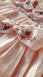 Peachy Peep: Hand Embroidered Knee Length Off-peach Dress In Cotton Jacquard Fabric With Headband