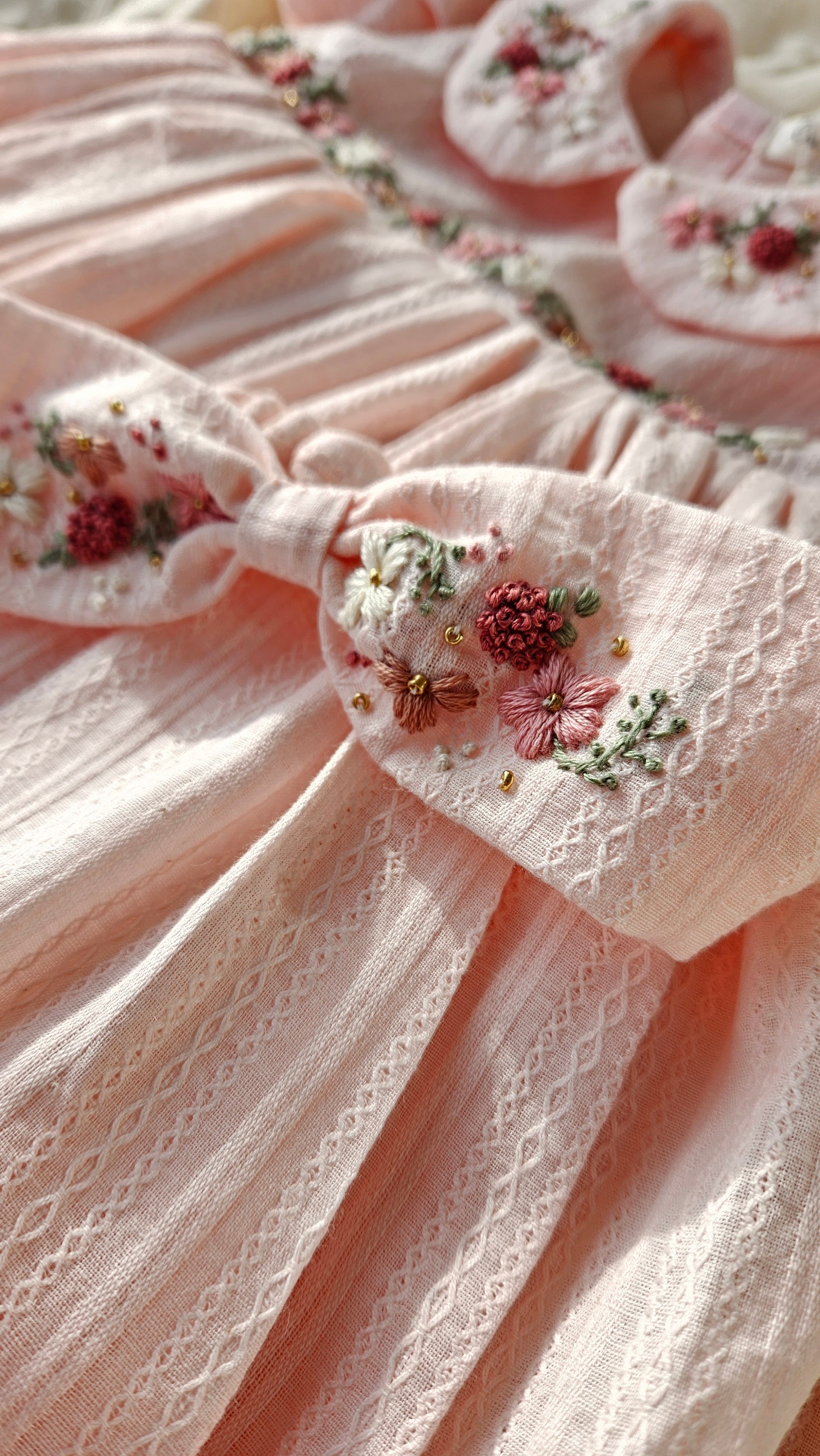 Peachy Peep: Hand Embroidered Knee Length Off-peach Dress In Cotton Jacquard Fabric With Headband