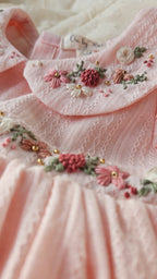 Peachy Peep: Hand Embroidered Knee Length Off-peach Dress In Cotton Jacquard Fabric With Headband