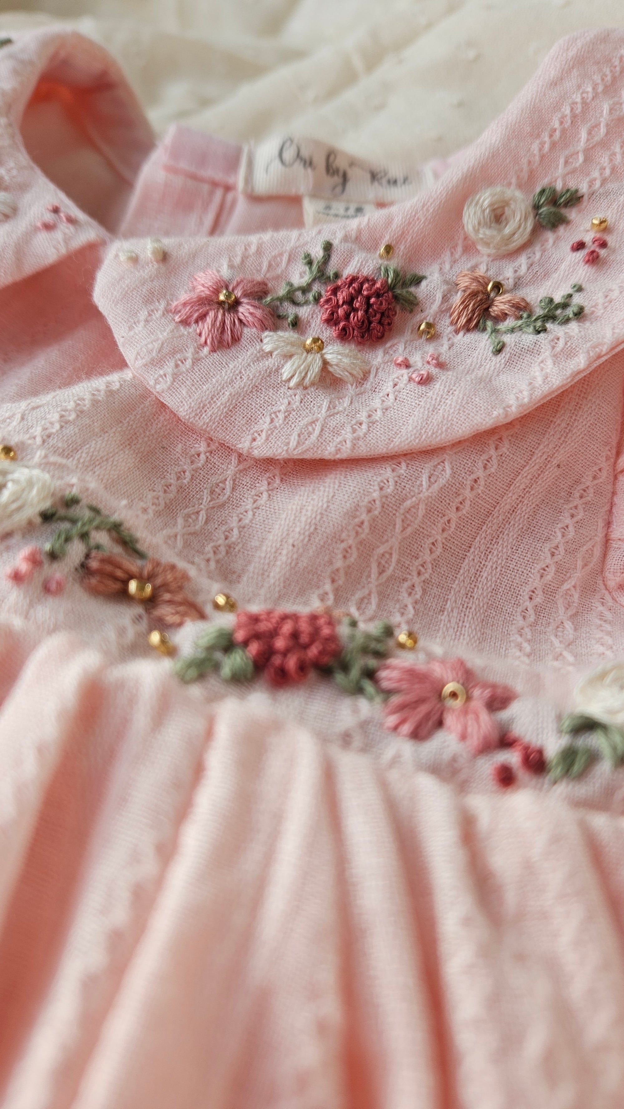 Peachy Peep: Hand Embroidered Knee Length Off-peach Dress In Cotton Jacquard Fabric With Headband