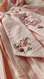 Peachy Peep: Hand Embroidered Knee Length Off-peach Dress In Cotton Jacquard Fabric With Headband
