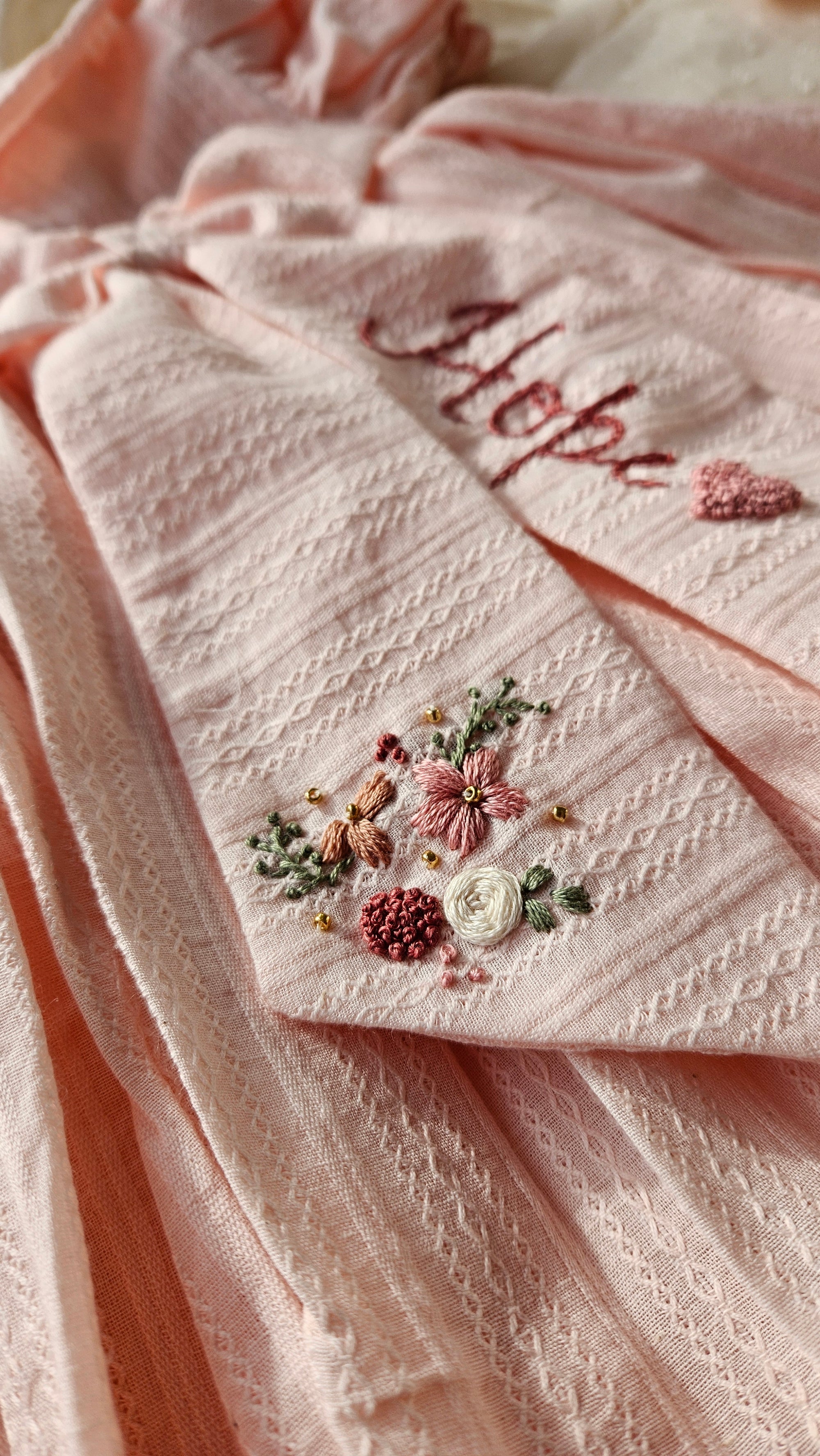 Peachy Peep: Hand Embroidered Knee Length Off-peach Dress In Cotton Jacquard Fabric With Headband
