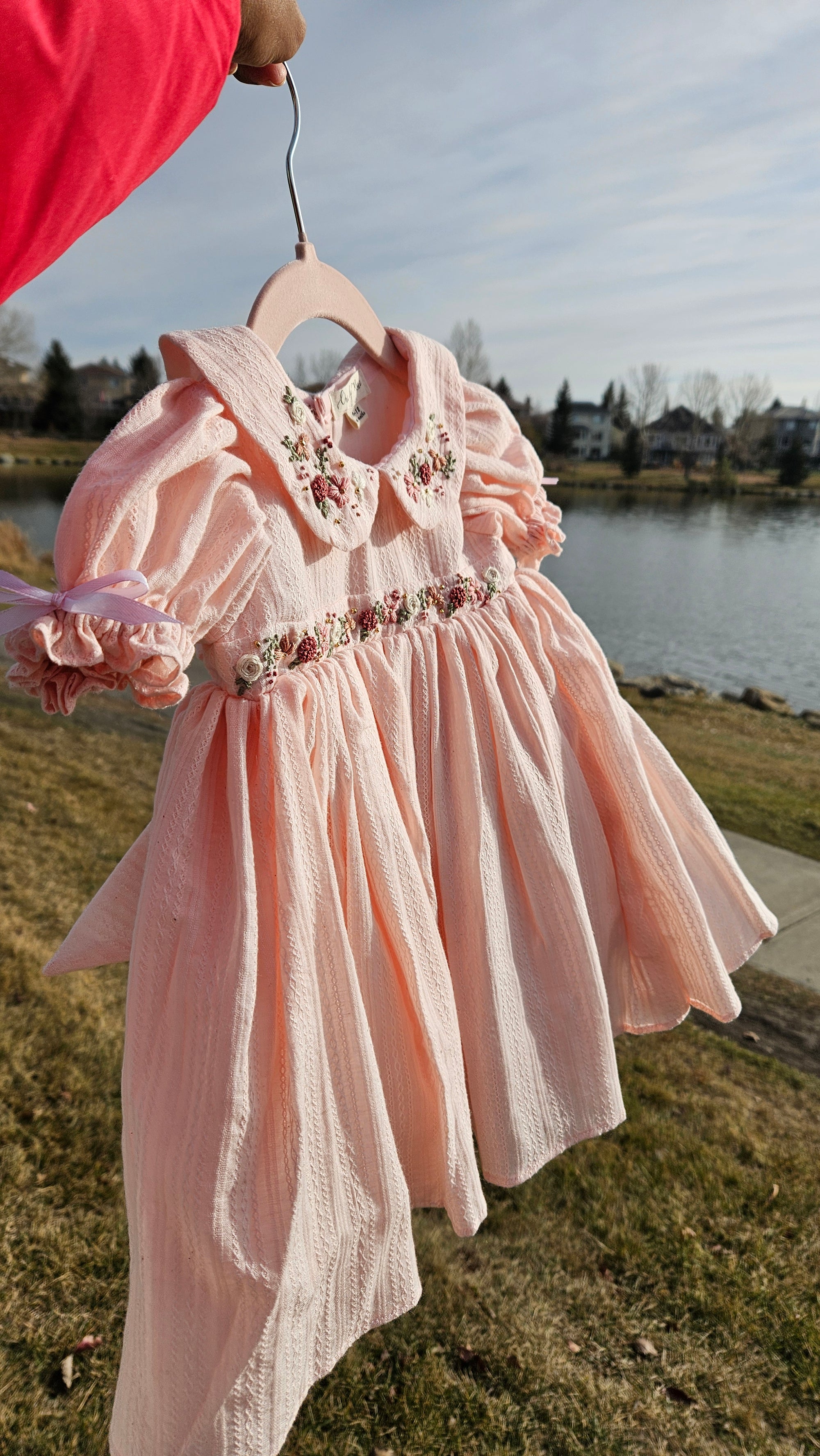 Peachy Peep: Hand Embroidered Knee Length Off-peach Dress In Cotton Jacquard Fabric With Headband