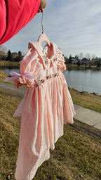 Peachy Peep: Hand Embroidered Knee Length Off-peach Dress In Cotton Jacquard Fabric With Headband