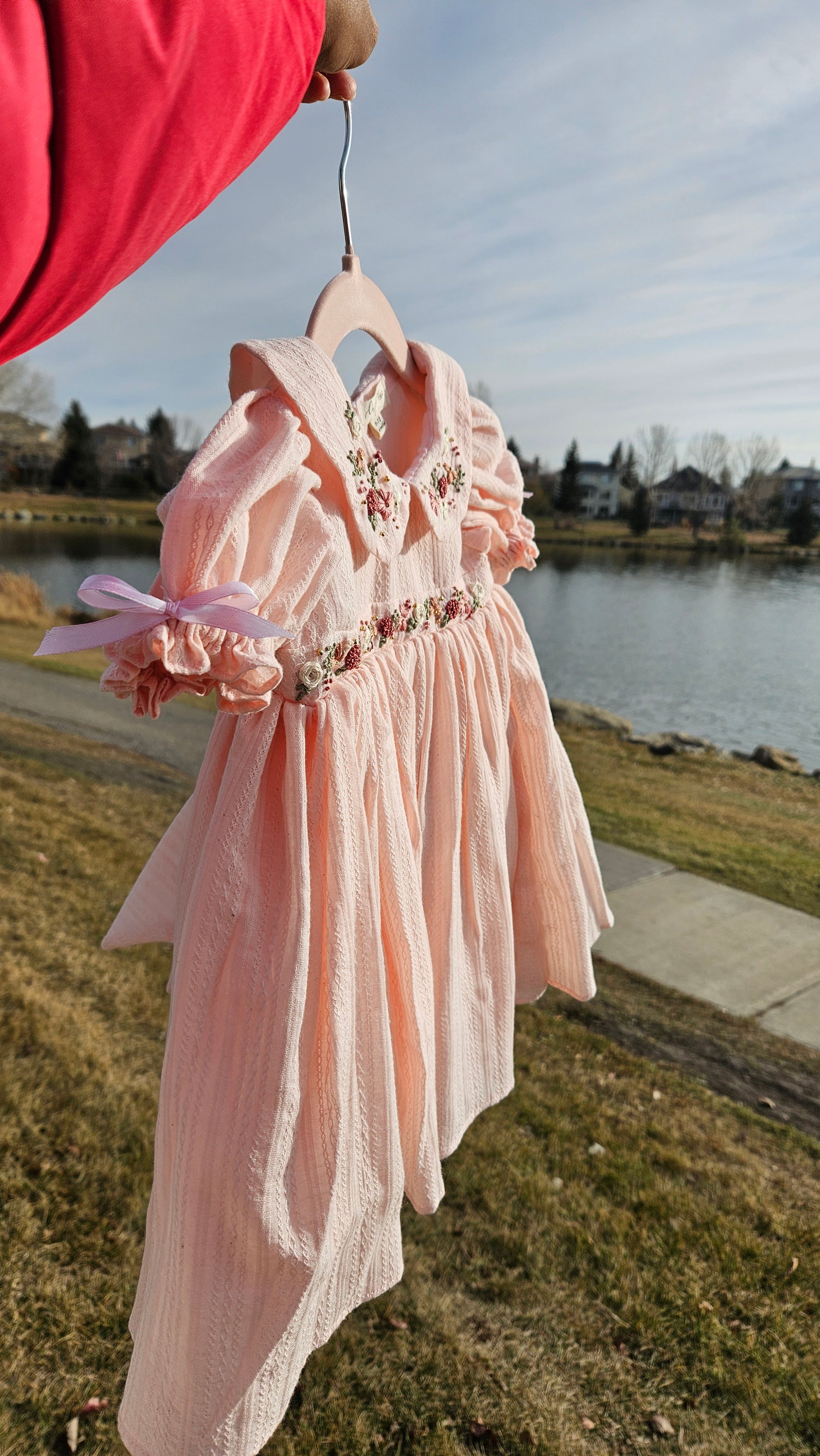 Peachy Peep: Hand Embroidered Knee Length Off-peach Dress In Cotton Jacquard Fabric With Headband