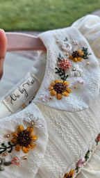 Sunflower Valley: Hand Embroidered Knee Length Off-white Dress In Cotton Jacquard Fabric