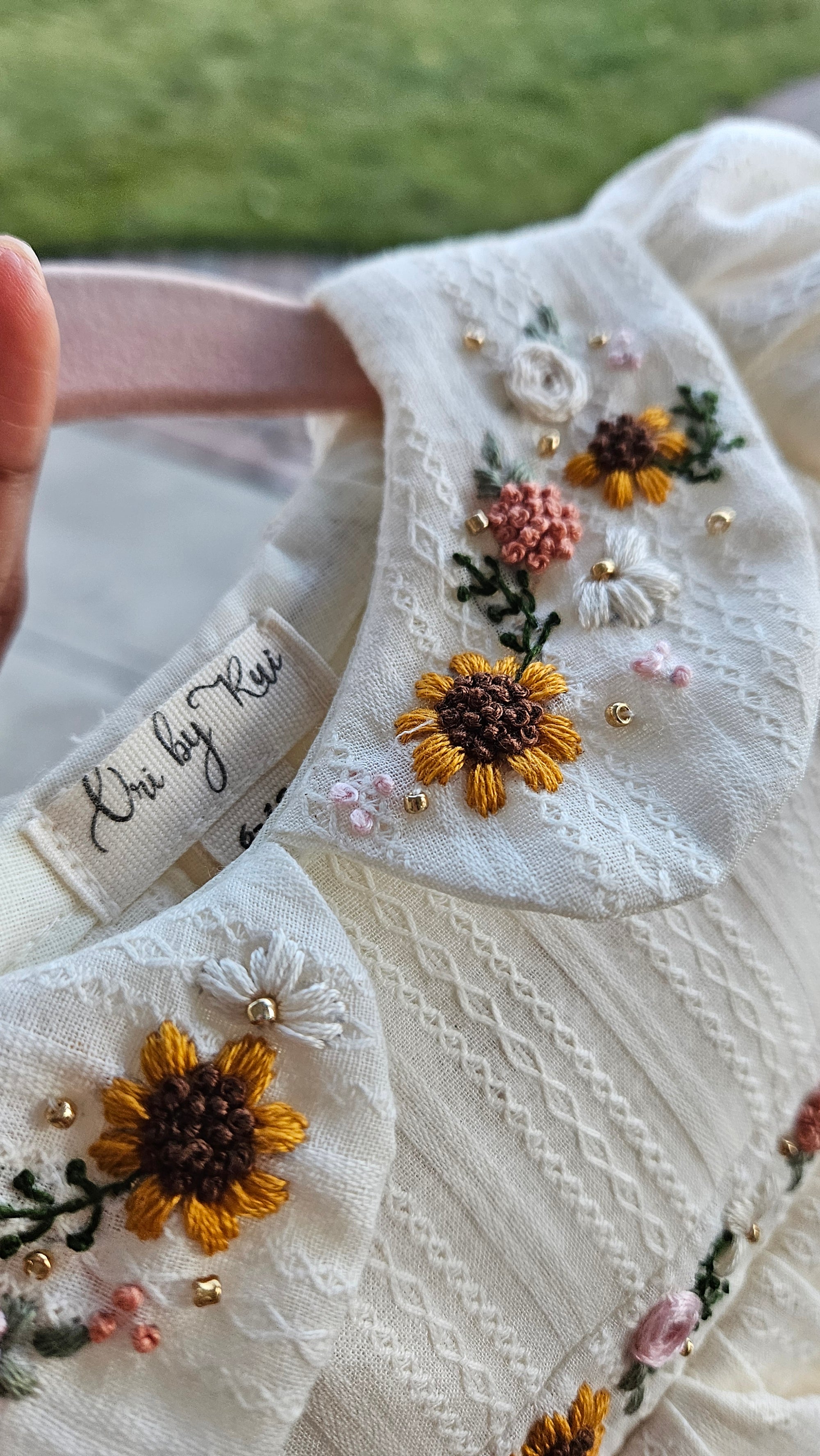 Sunflower Valley: Hand Embroidered Knee Length Off-white Dress In Cotton Jacquard Fabric