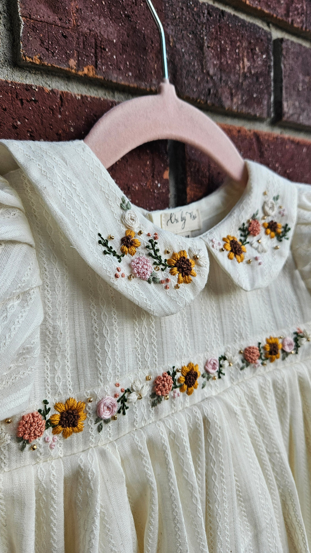 Sunflower Valley: Hand Embroidered Knee Length Off-white Dress In Cotton Jacquard Fabric