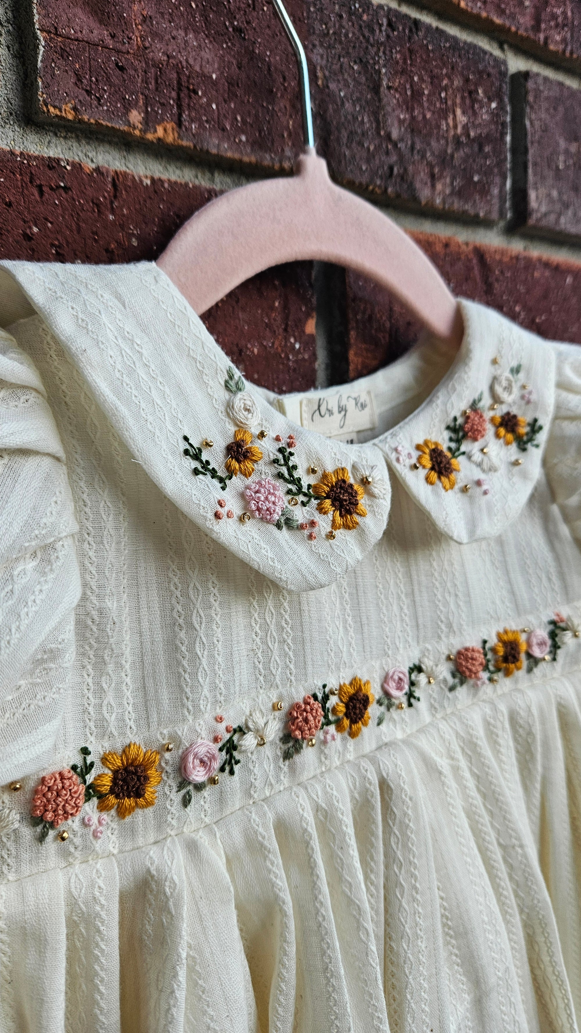Sunflower Valley: Hand Embroidered Knee Length Off-white Dress In Cotton Jacquard Fabric
