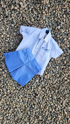 Summer Sault: Hand Embroidered Co-ord Set For Boys In White And Blue