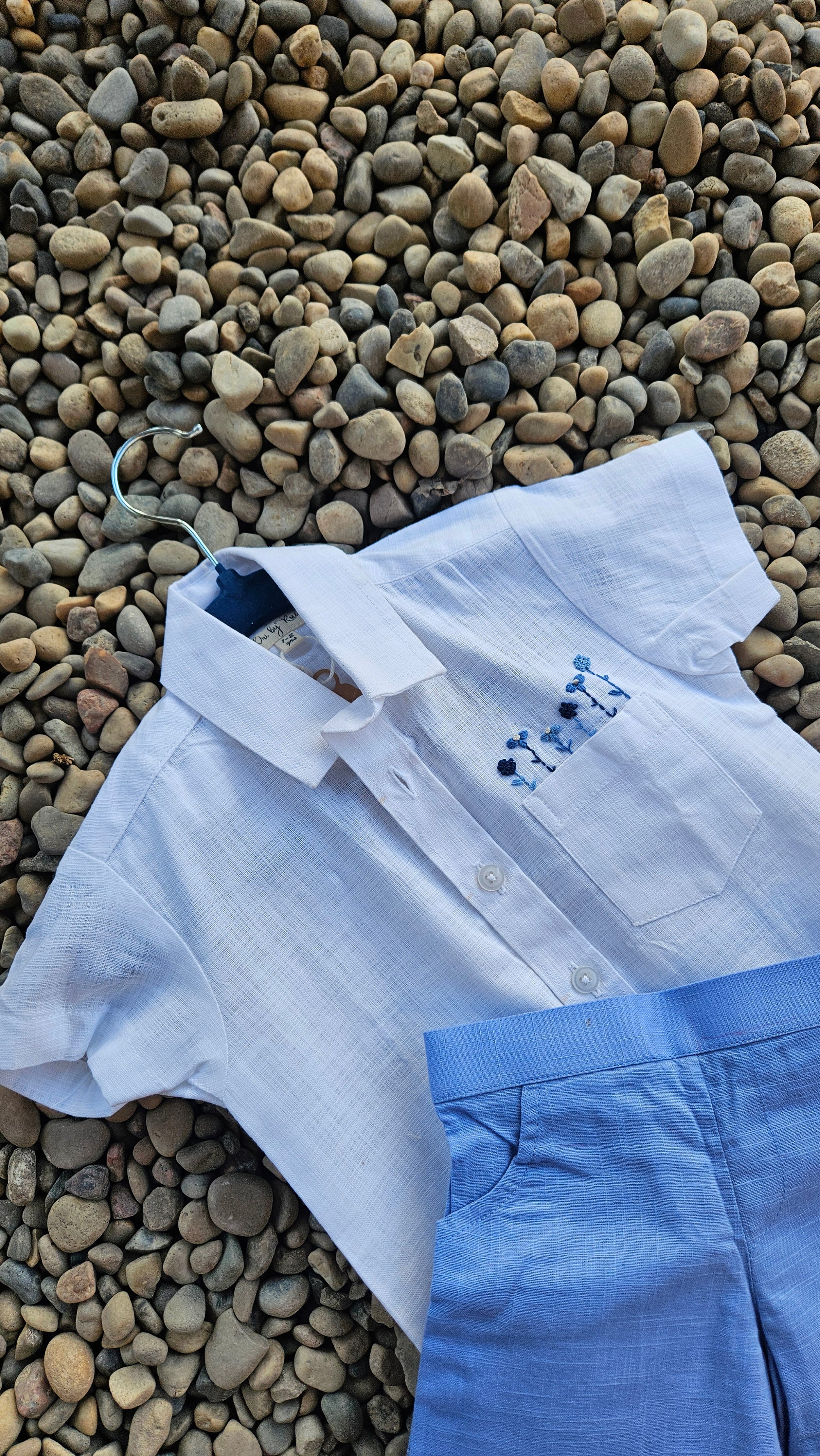 Summer Sault: Hand Embroidered Co-ord Set For Boys In White And Blue