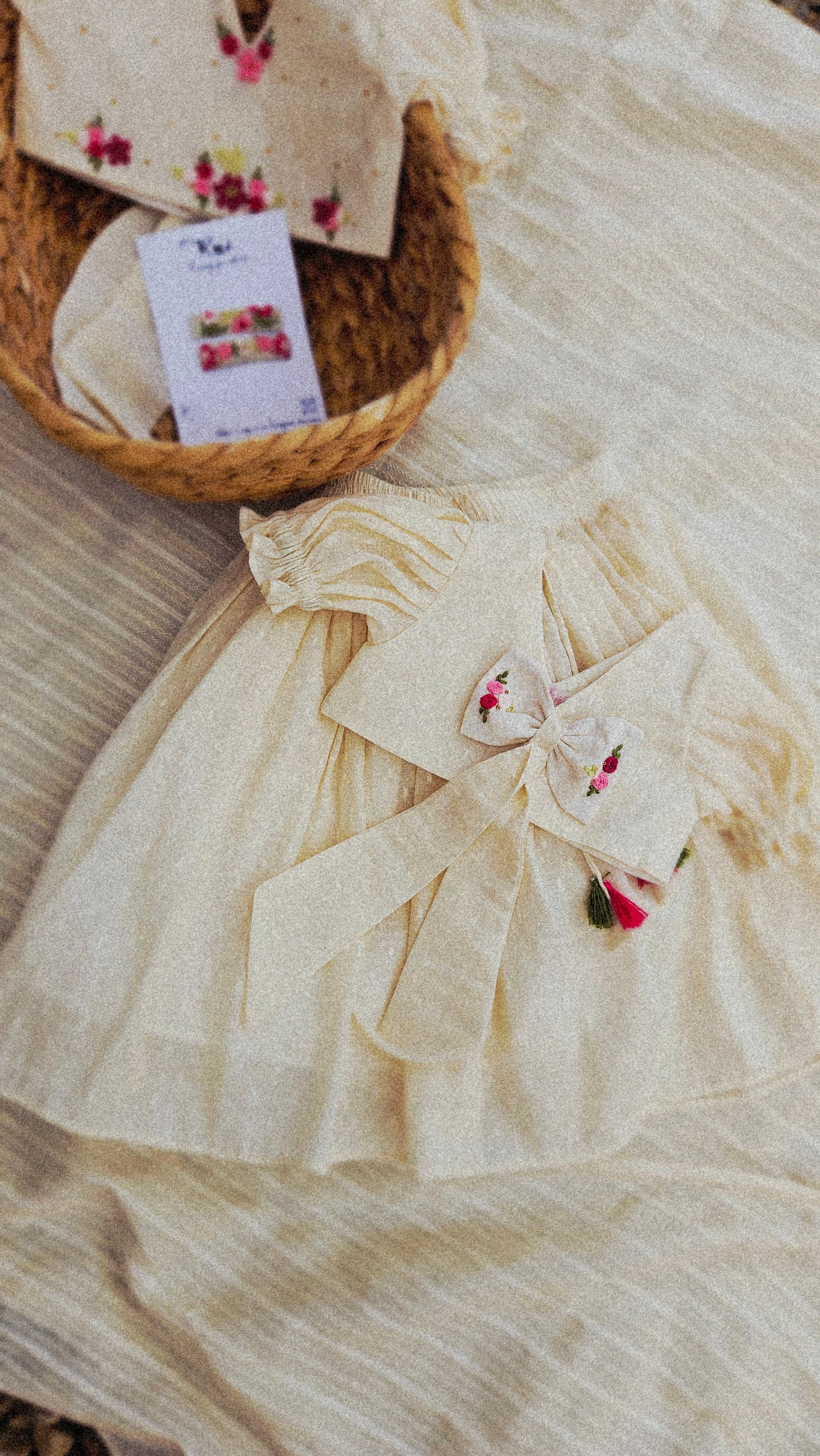 Pookalam: Hand Embroidered Offwhite Full Length Skirt Top Set In Moss Cotton Fabric With Bowclip