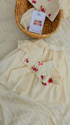 Pookalam: Hand Embroidered Offwhite Full Length Skirt Top Set In Moss Cotton Fabric With Bowclip