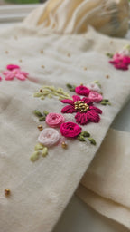 Pookalam: Hand Embroidered Offwhite Full Length Skirt Top Set In Moss Cotton Fabric With Bowclip