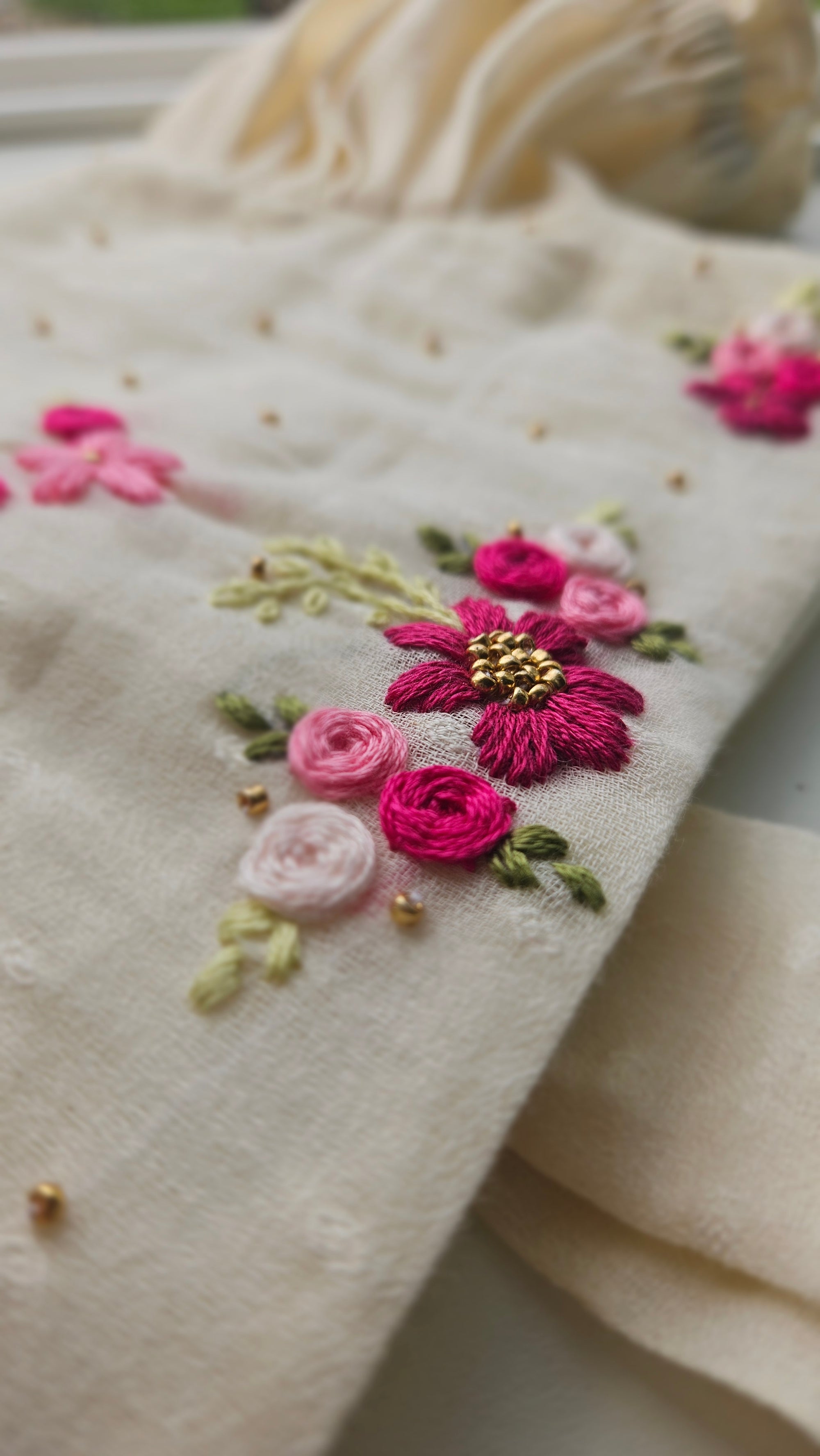 Pookalam: Hand Embroidered Offwhite Full Length Skirt Top Set In Moss Cotton Fabric With Bowclip
