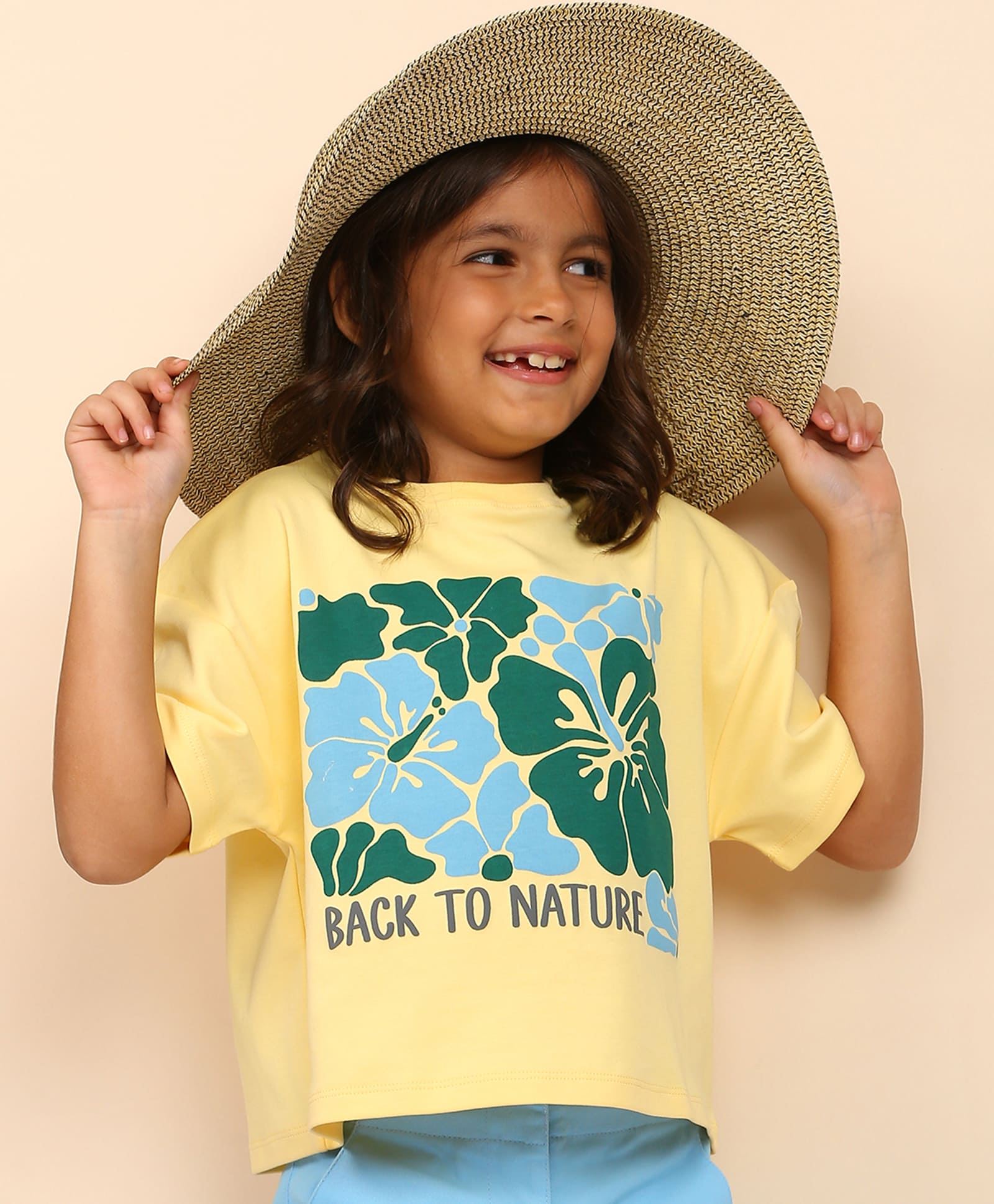 100% Cotton Nature Print Drop Shoulder Crop Tee - Yellow