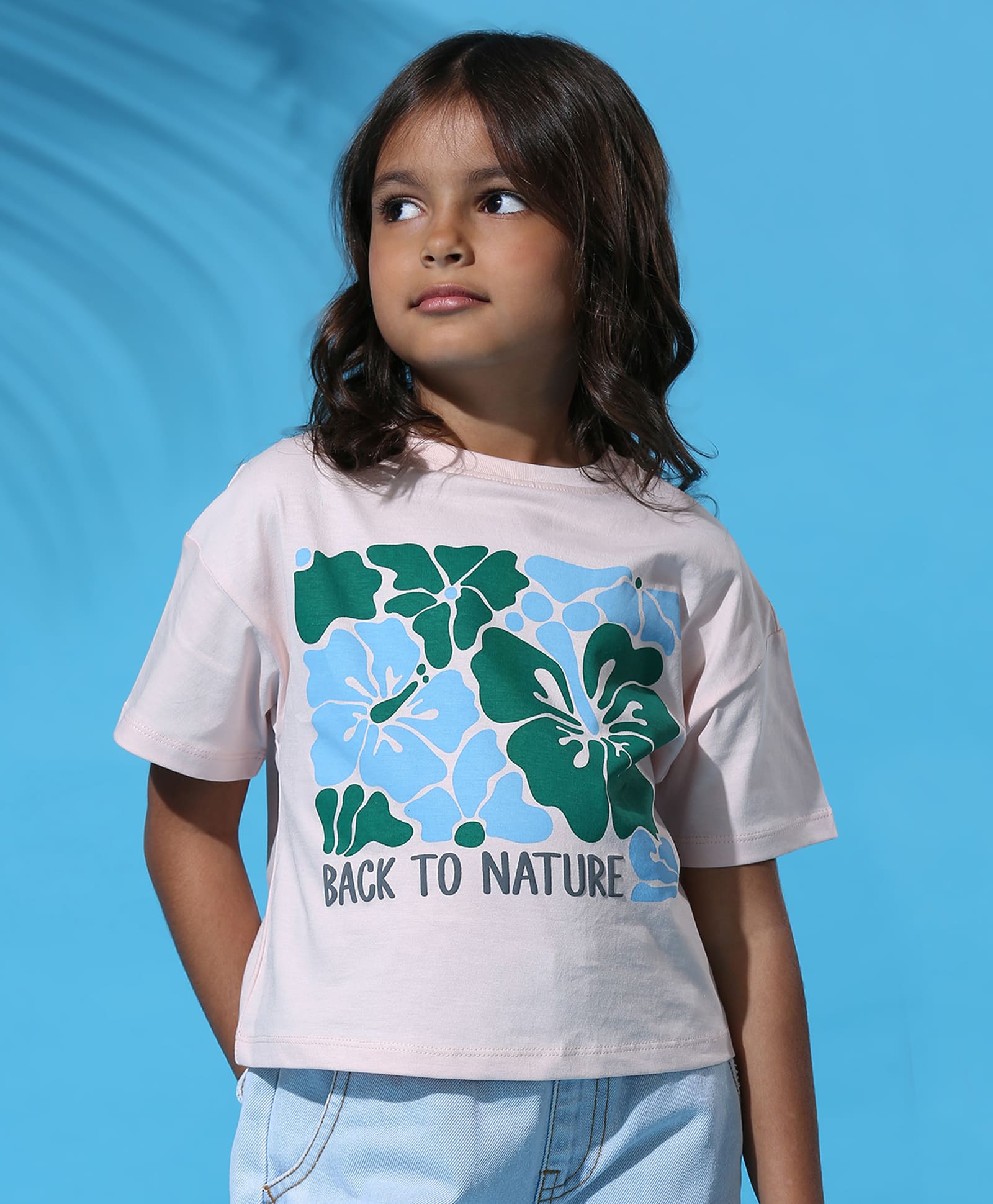 100% Cotton Nature Print Drop Shoulder Crop Tee - Pink