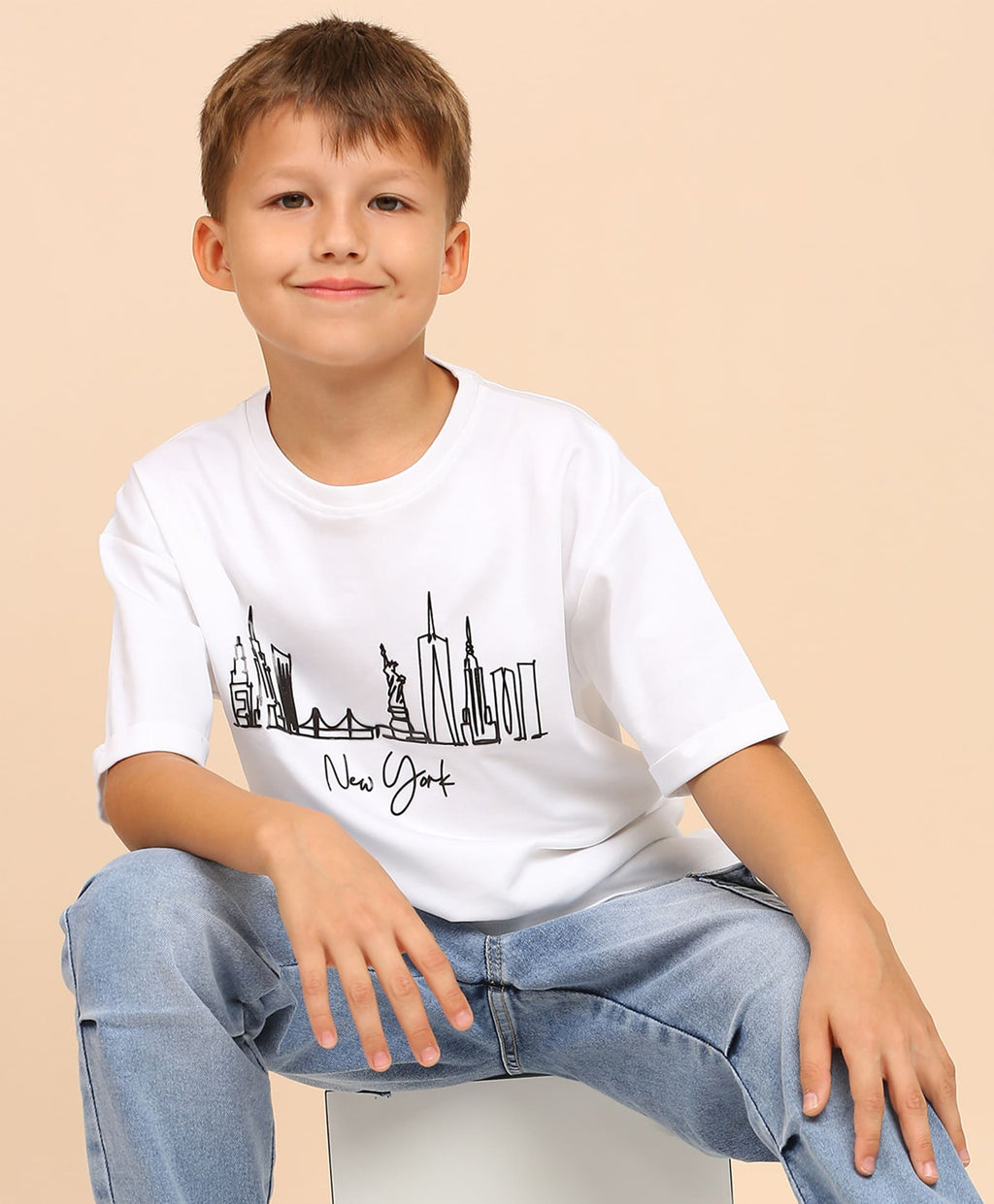 100% Cotton Drop Shoulder Tee With New York Foil Print - White